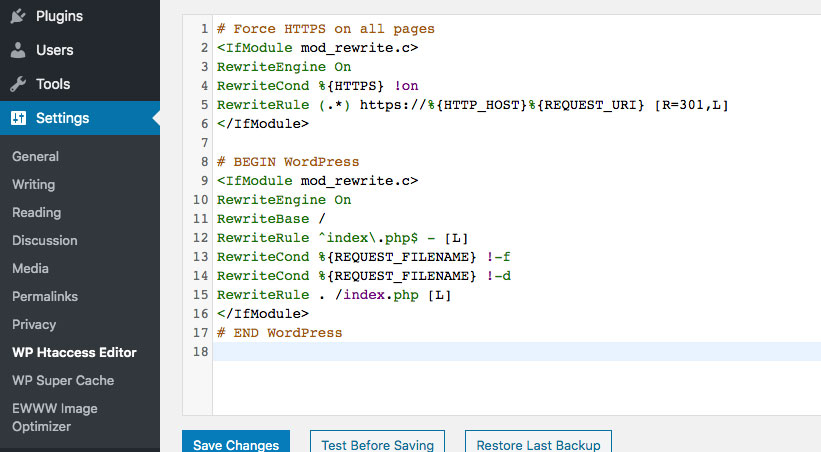 Force HTTPS on WordPress using WP htaccess editor