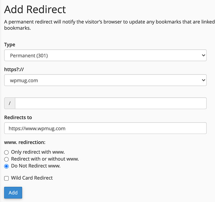 cPanel redirect non-www to www